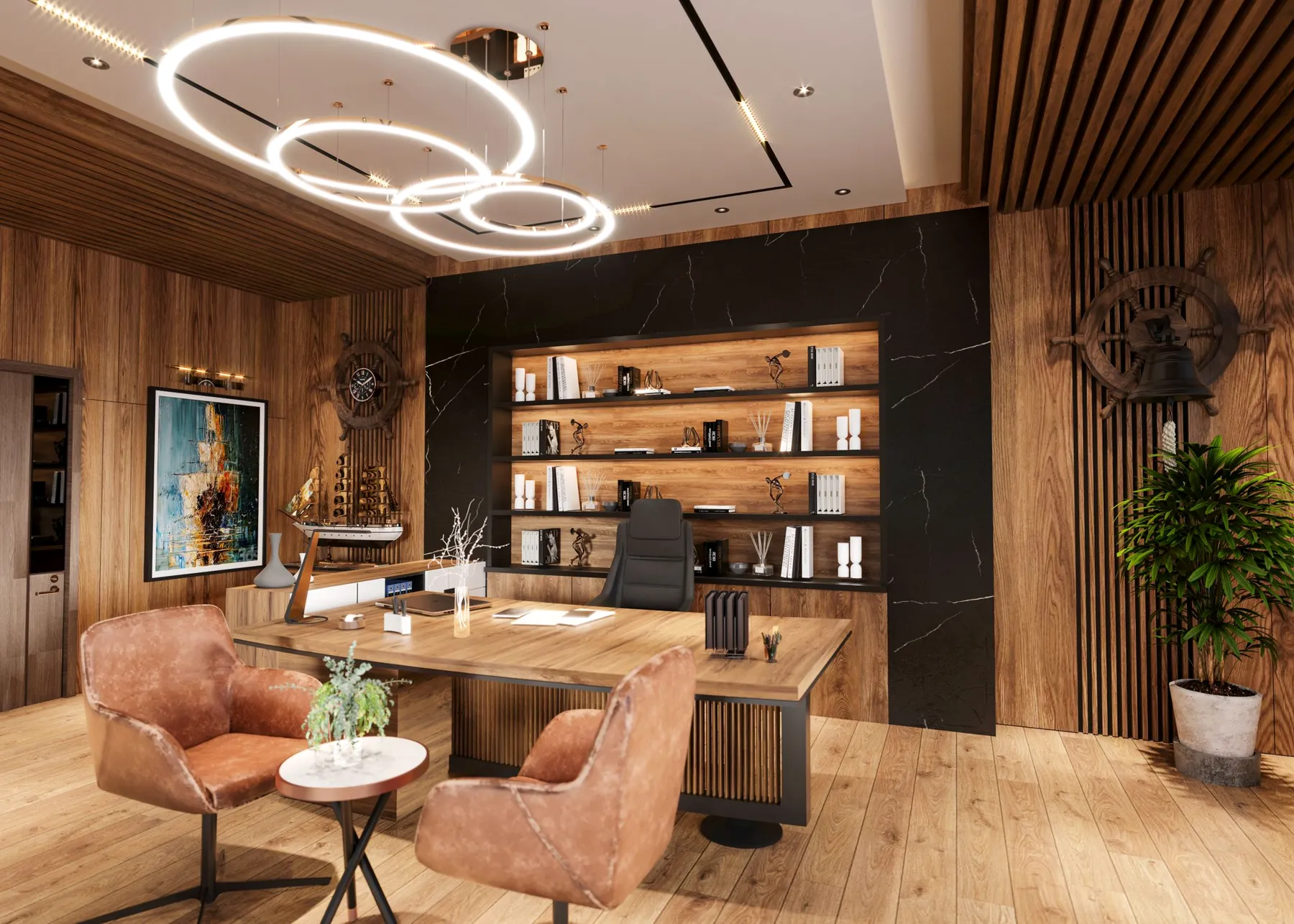 Executive office with timber panelling and warm lighting